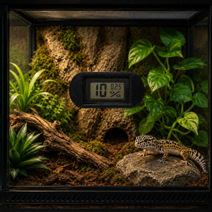 Terrarium with a lizard, thermometer, and humidity gauge