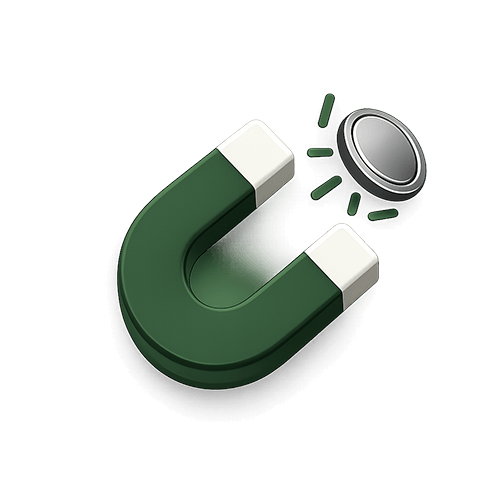 Green U-shaped magnet with a metallic surface on a transparent background