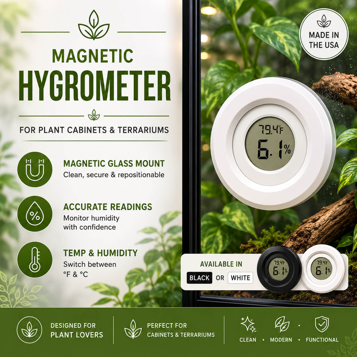 Magnetic round glass mount hygrometer in Black and White – WBDesignsLV