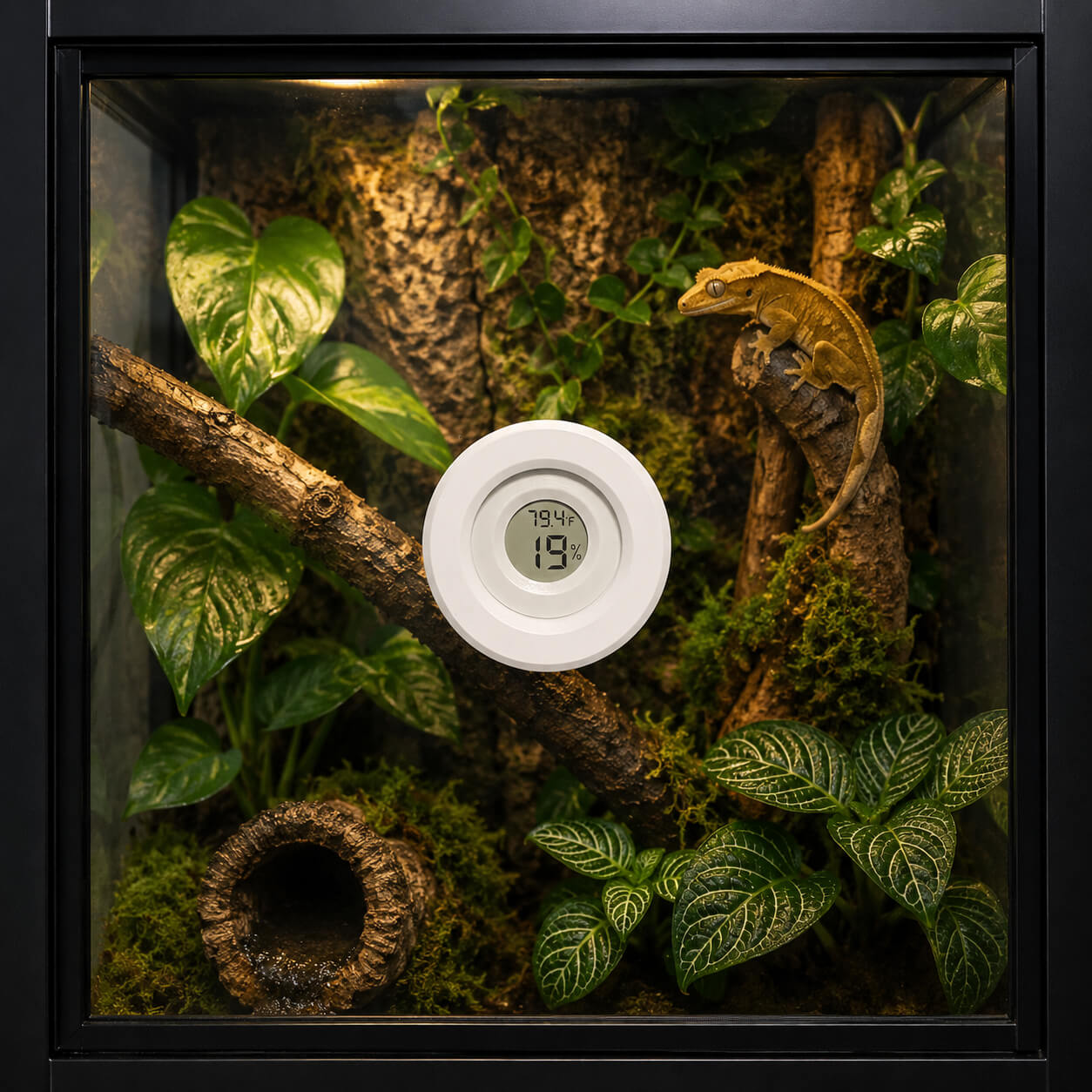Terrarium with a lizard, plants, and a digital thermometer displaying temperature and humidity.
