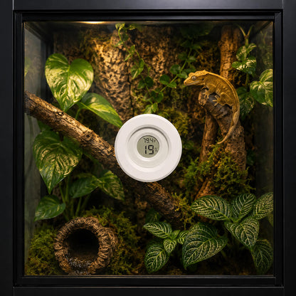 Terrarium with a lizard, plants, and a digital thermometer displaying temperature and humidity.