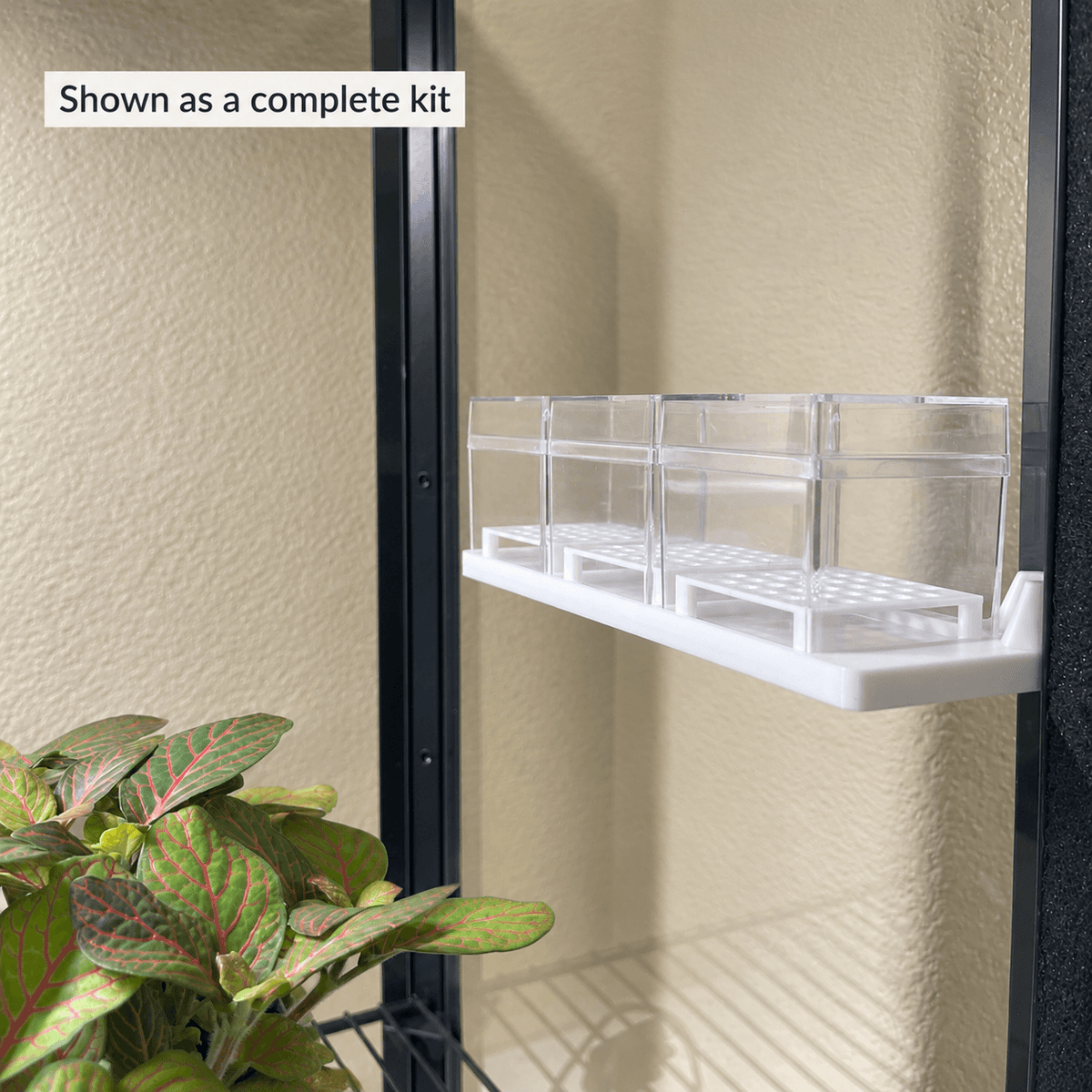 A clear acrylic and white plastic plant organizer shelf mounted on a glass grow light frame, shown with a potted plant and the text 'Shown as a complete kit' in the top left corner.