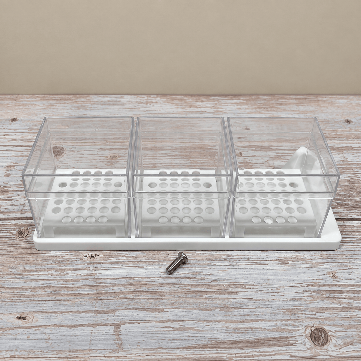 A three-compartment clear plastic organizer tray with a white base, shown on a rustic whitewashed wooden surface against a beige background. A small metal screw is placed in front of the tray.