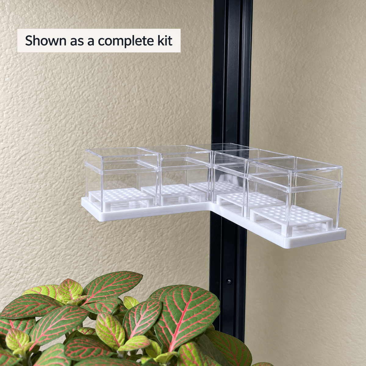 A clear acrylic and white plastic organizer shelf kit mounted on a black vertical stand against a beige wall, with a text overlay reading 'Shown as a complete kit' and green plant leaves visible at the bottom.