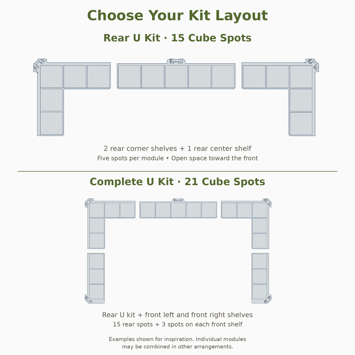 A product information graphic showing two kit layout options for modular shelves: a Rear U Kit with 15 cube spots and a Complete U Kit with 21 cube spots. The layout diagrams are shown in light gray on a white background with dark green text.
