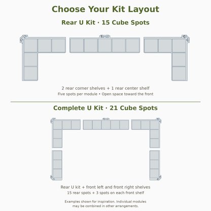 A product information graphic showing two kit layout options for modular shelves: a Rear U Kit with 15 cube spots and a Complete U Kit with 21 cube spots. The layout diagrams are shown in light gray on a white background with dark green text.