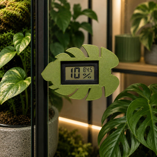 Monstera leaf hygrometer installed in IKEA plant cabinet – WBDesignsLV