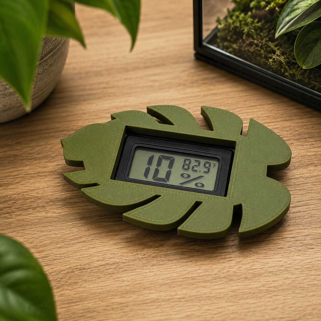 Monstera leaf hygrometer mounted on cabinet glass – WBDesignsLV