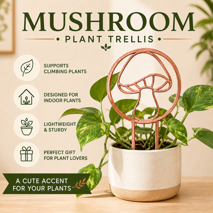 Mushroom plant trellis in copper silk displayed with an indoor houseplant