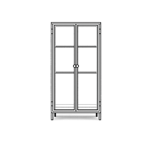 Black and white illustration of a glass cabinet with metal frame on a transparent background