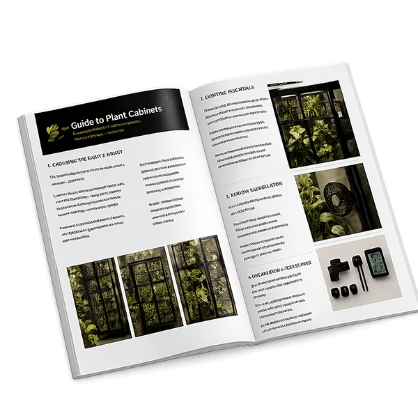 Open book titled 'Guide to Plant Cabinets' with text and images on a black background