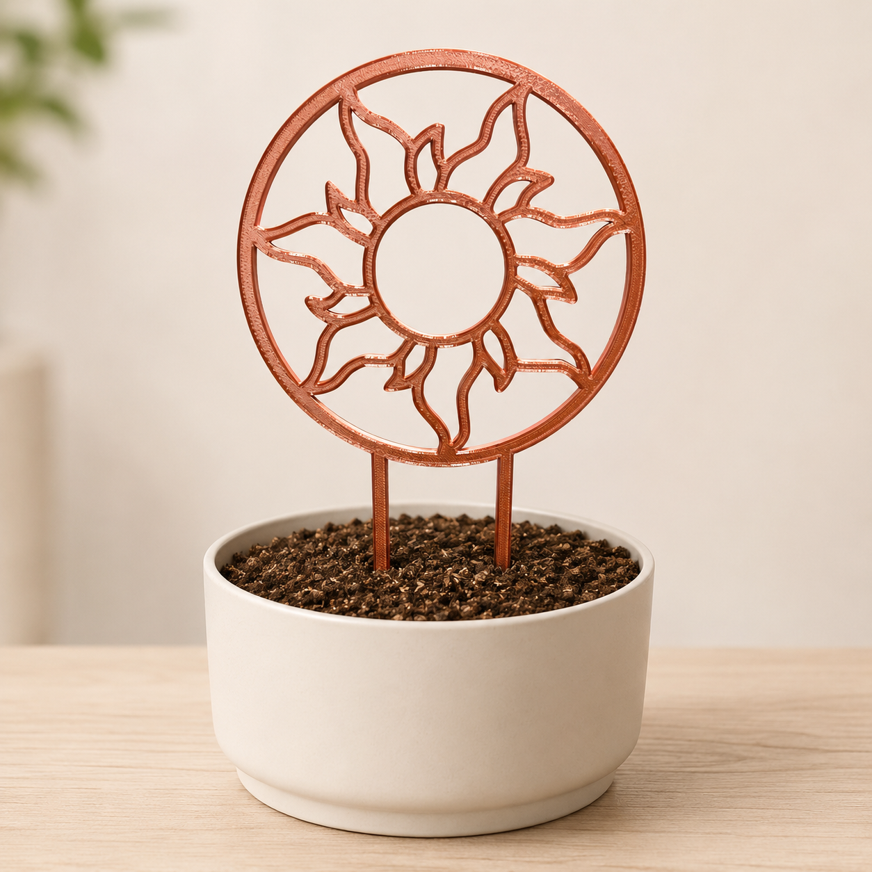 Decorative sun plant trellis displayed in an indoor flowerpot