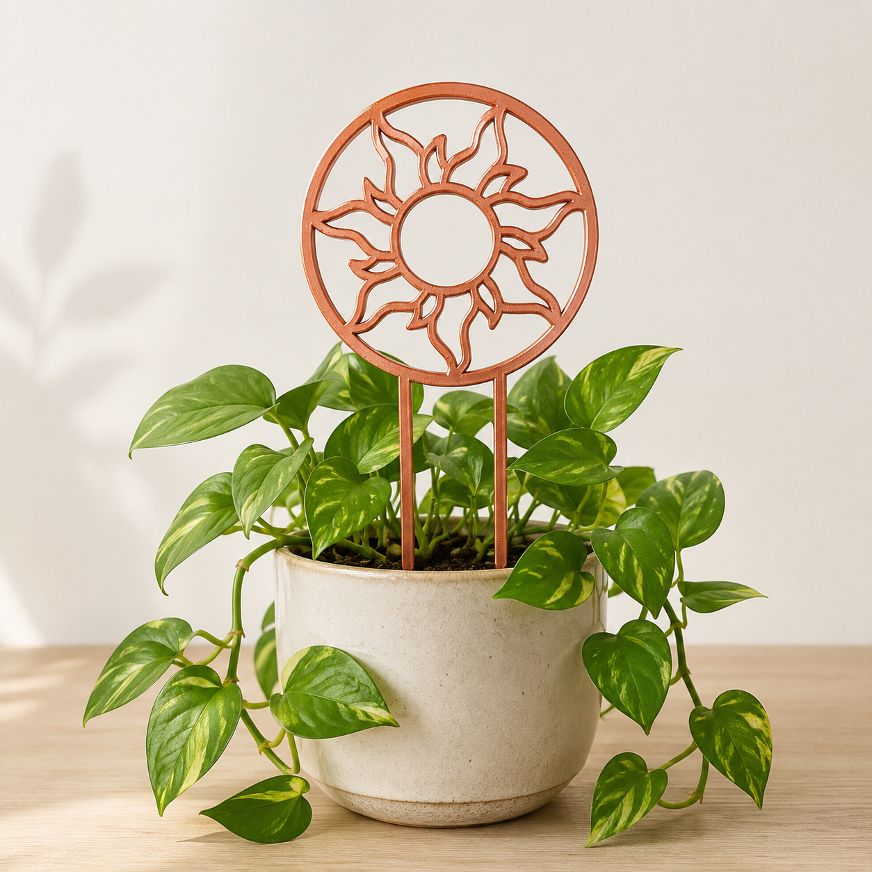 Copper silk sun trellis supporting climbing vines in a ceramic planter