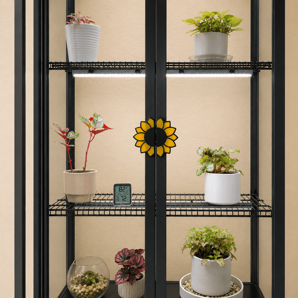 Sunflower slip-on handle covers installed on an IKEA Milsbo Tall plant cabinet