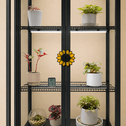 Sunflower slip-on handle covers installed on an IKEA Milsbo Tall plant cabinet
