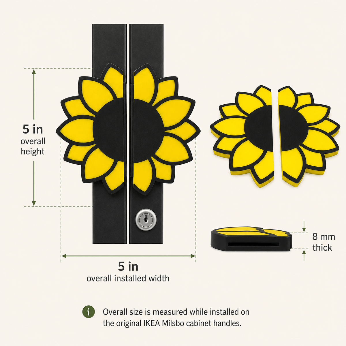 Sunflower-shaped cabinet handles shown with installation dimensions and thickness on a light beige background. The product is displayed front-on, side-on, and as a small top-down view, with text indicating 5 in overall height, 5 in overall installed width, and 8 mm thick.
