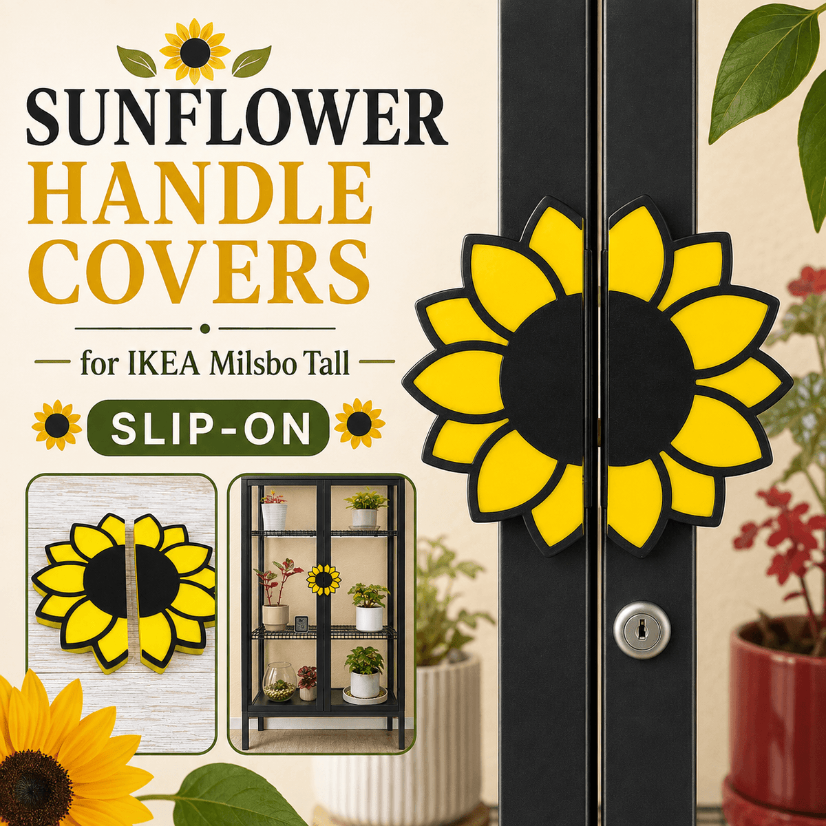 Sunflower-shaped handle covers shown on a black door, with large promotional text reading 'Sunflower Handle Covers for IKEA Milsbo Tall' and smaller 'Slip-On'. The image includes inset product views, potted plants, and decorative sunflower graphics.