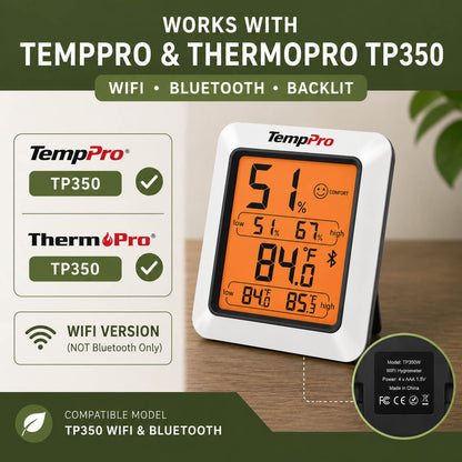 TempPro digital thermometer with display on a wooden surface, featuring compatibility with Temppro and Thermopro TP350 models.