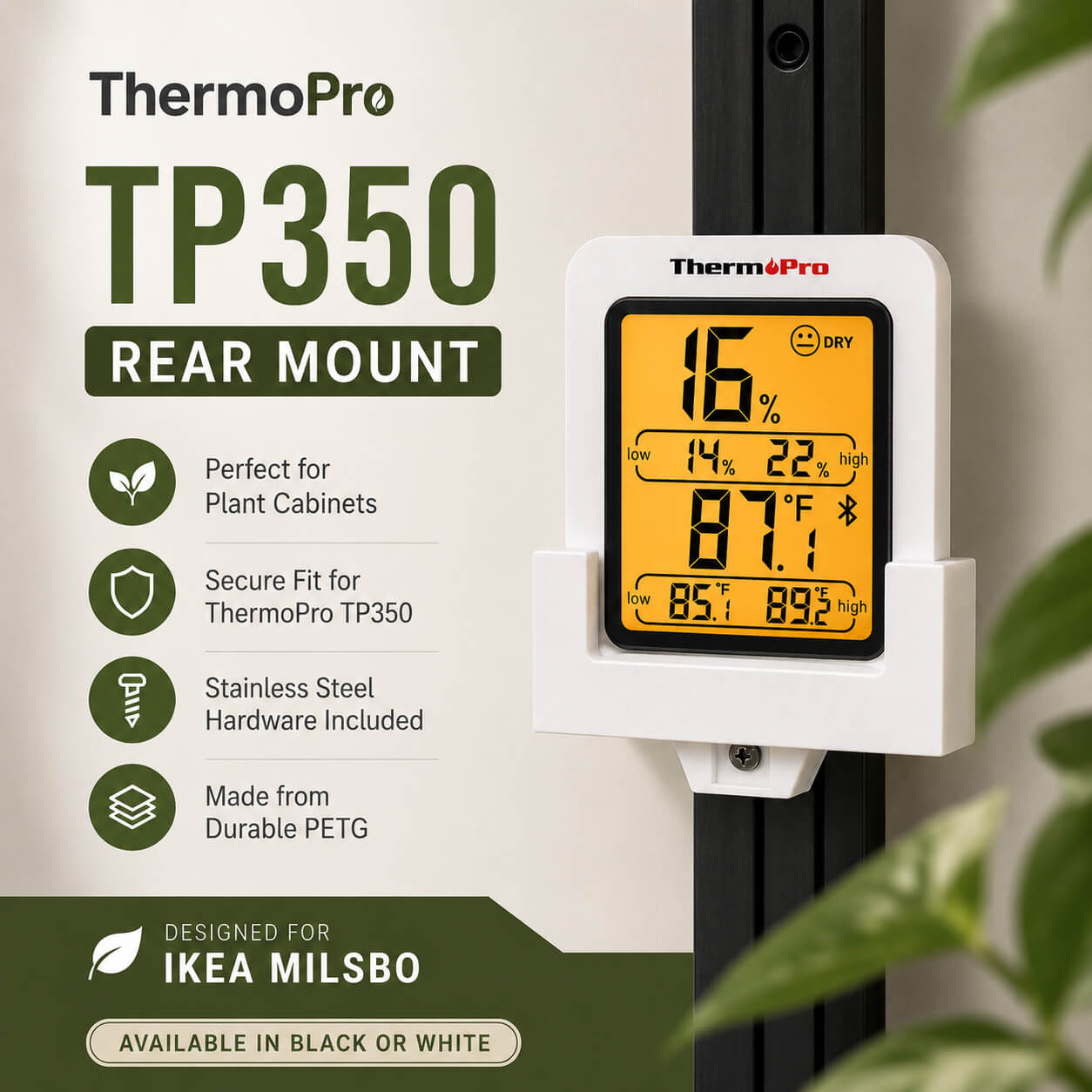 ThermoPro TP350 digital thermometer with humidity and temperature display, mounted on a white background.