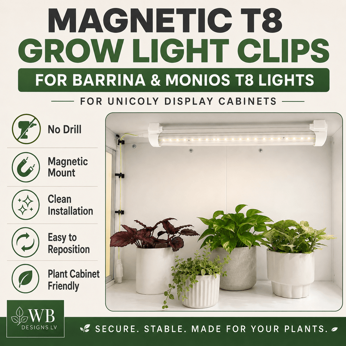 Promotional graphic for WB Designs LV Magnetic T8 Grow Light Clips, showing a white grow light bar mounted inside a white display cabinet with potted plants. The image includes feature icons and text highlighting benefits like no drill, magnetic mount, clean installation, and plant cabinet friendliness.