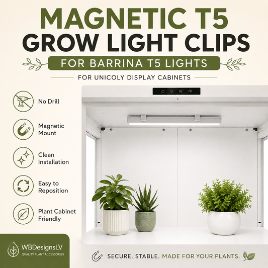 Promotional graphic for magnetic T5 grow light clips designed for Barrina T5 lights and unicoloy display cabinets. The image features a white grow light cabinet with three potted plants, a black magnetic clip mounted on the top interior, and a list of benefits on the left including 'No Drill', 'Magnetic Mount', 'Clean Installation', 'Easy to Reposition', and 'Plant Cabinet Friendly'.