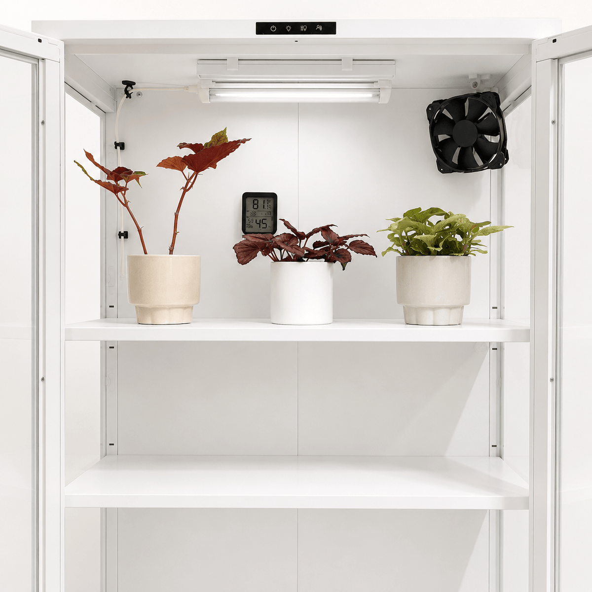 A white modular indoor grow kit with three shelves, containing three potted plants, a digital temperature/humidity display, and a black exhaust fan mounted on the back wall.