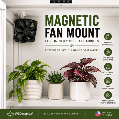 Promotional graphic for a magnetic fan mount for display cabinets, showing a black fan mounted on the inside wall of a white cabinet with three potted plants on a shelf. Large text reads 'MAGNETIC FAN MOUNT FOR UNICOLY DISPLAY CABINETS' with feature icons on the right and the brand WBDesignsLV at the bottom.