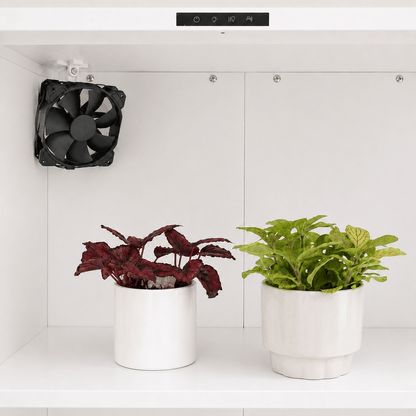 A white indoor shelving unit with two potted plants and a black ventilation fan mounted on the left side.