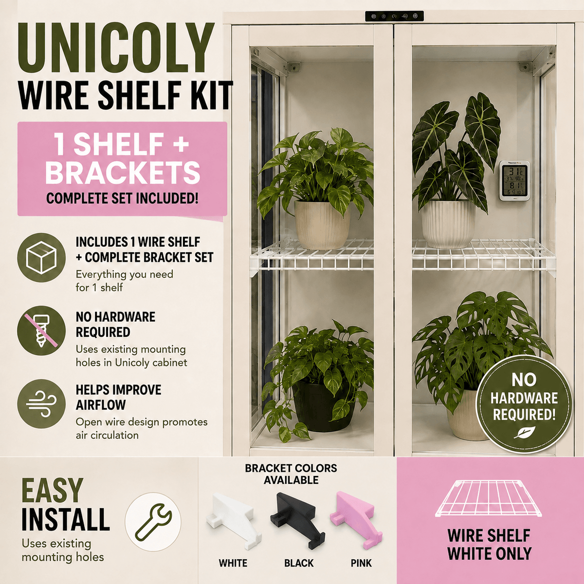 Promotional graphic for the Unicoly Wire Shelf Kit, showing a white wire shelf mounted on a white cabinet with potted plants for demonstration. The graphic includes text detailing the product features, installation ease, and available bracket colors (White, Black, Pink).