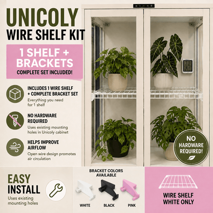Promotional graphic for the Unicoly Wire Shelf Kit, showing a white wire shelf mounted on a white cabinet with potted plants for demonstration. The graphic includes text detailing the product features, installation ease, and available bracket colors (White, Black, Pink).