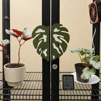 A black metal greenhouse door with two green monstera leaf-shaped handles, shown with potted plants on wire shelves and a digital humidity/temperature controller.