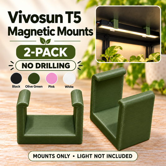 Olive green Vivosun T5 magnetic mounts with a no-drilling label and four available color options.