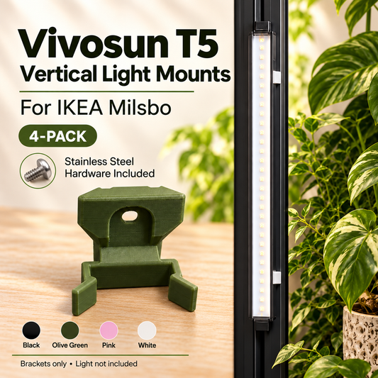 Vivosun T5 vertical mounting clip beside a light installed in an IKEA Milsbo cabinet, with four color options and hardware included.