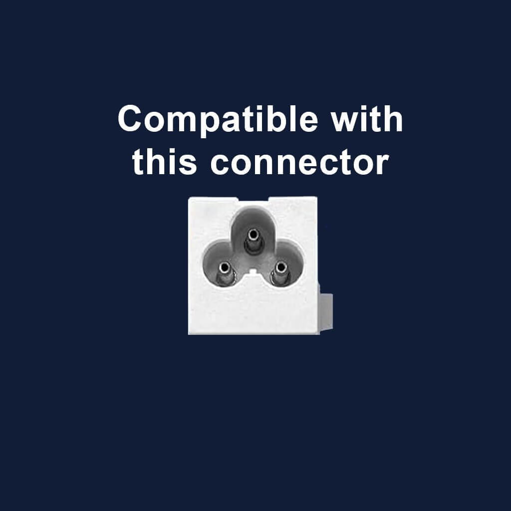 White connector on a blue background with text 'Compatible with this connector'.