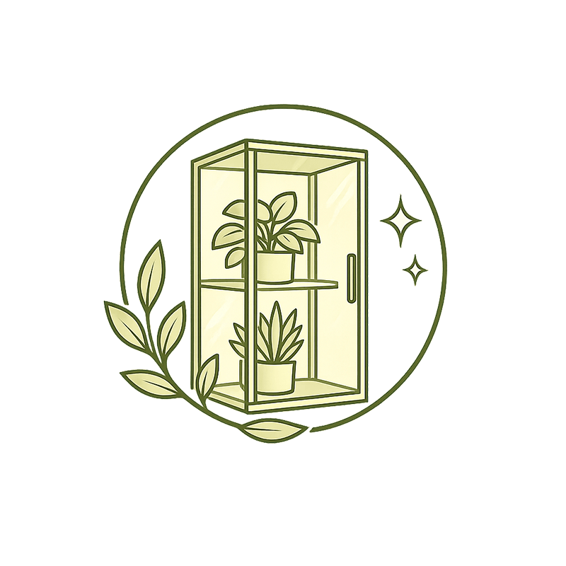 Clean and minimal feature icon with modern botanical cabinet illustration