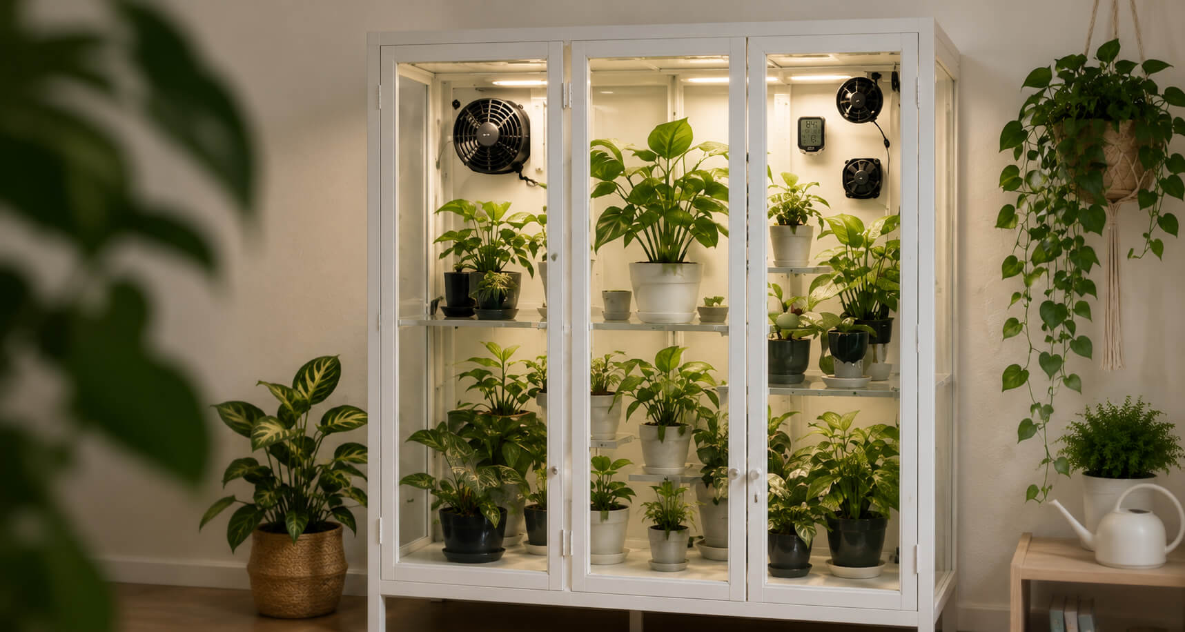 Modern white IKEA Milsbo plant cabinet setup featuring indoor tropical plants, airflow fans, humidity monitoring accessories, and organized plant cabinet accessories by WBDesignsLV.
