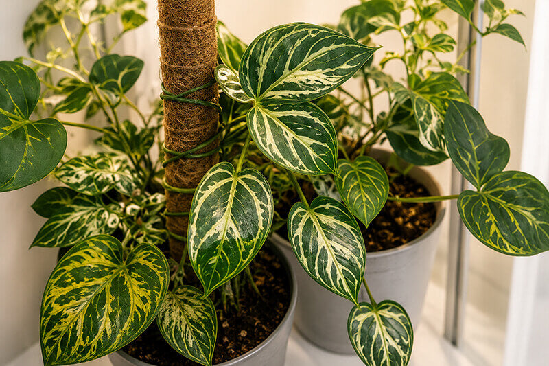 Close-up of tropical plants growing inside an IKEA Milsbo plant cabinet with warm lighting and lush variegated foliage.