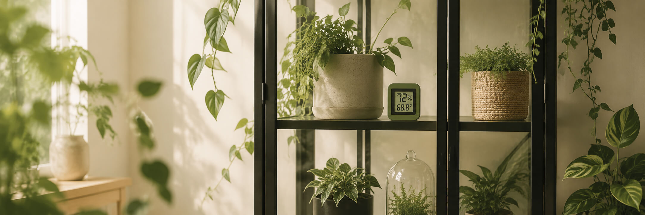 Warm minimalist plant cabinet lifestyle banner featuring modern botanical shelving and humidity accessories in a softly lit indoor space