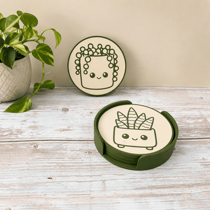 Whimlings plant coaster set displayed with a houseplant on a wooden table