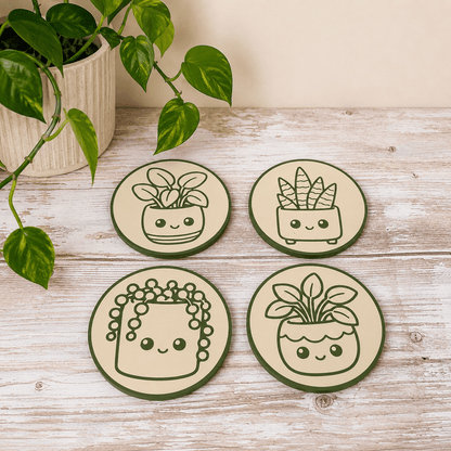 Set of four Whimlings houseplant coasters featuring Pilea, Snake Plant, String of Pearls, and Pothos