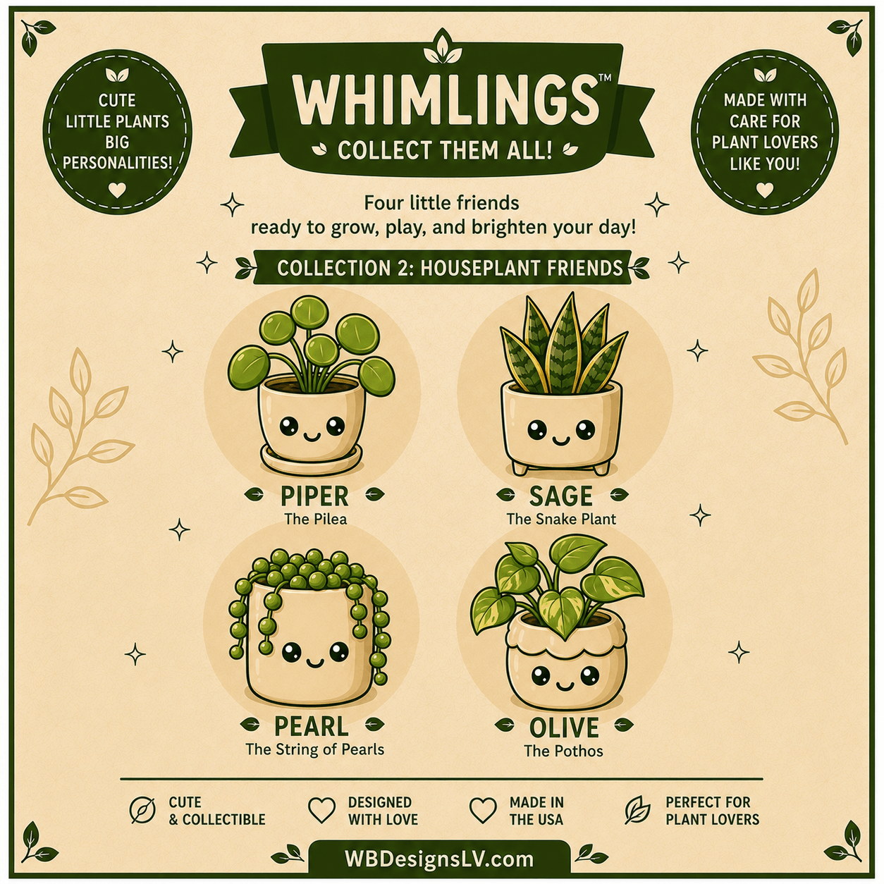 Whimlings Houseplant Friends characters Piper, Sage, Pearl, and Olive