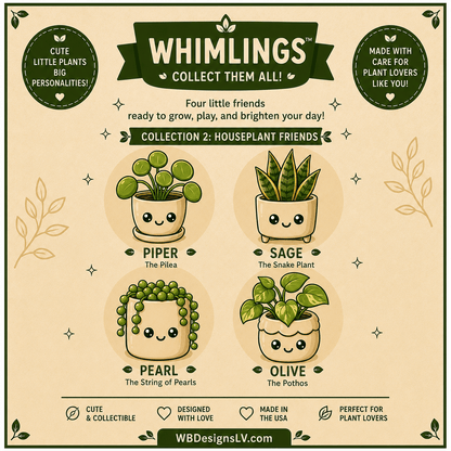 Whimlings Houseplant Friends characters Piper, Sage, Pearl, and Olive