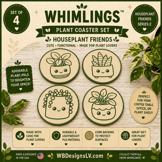 Whimlings Houseplant Friends set of four plant coasters with matching holder