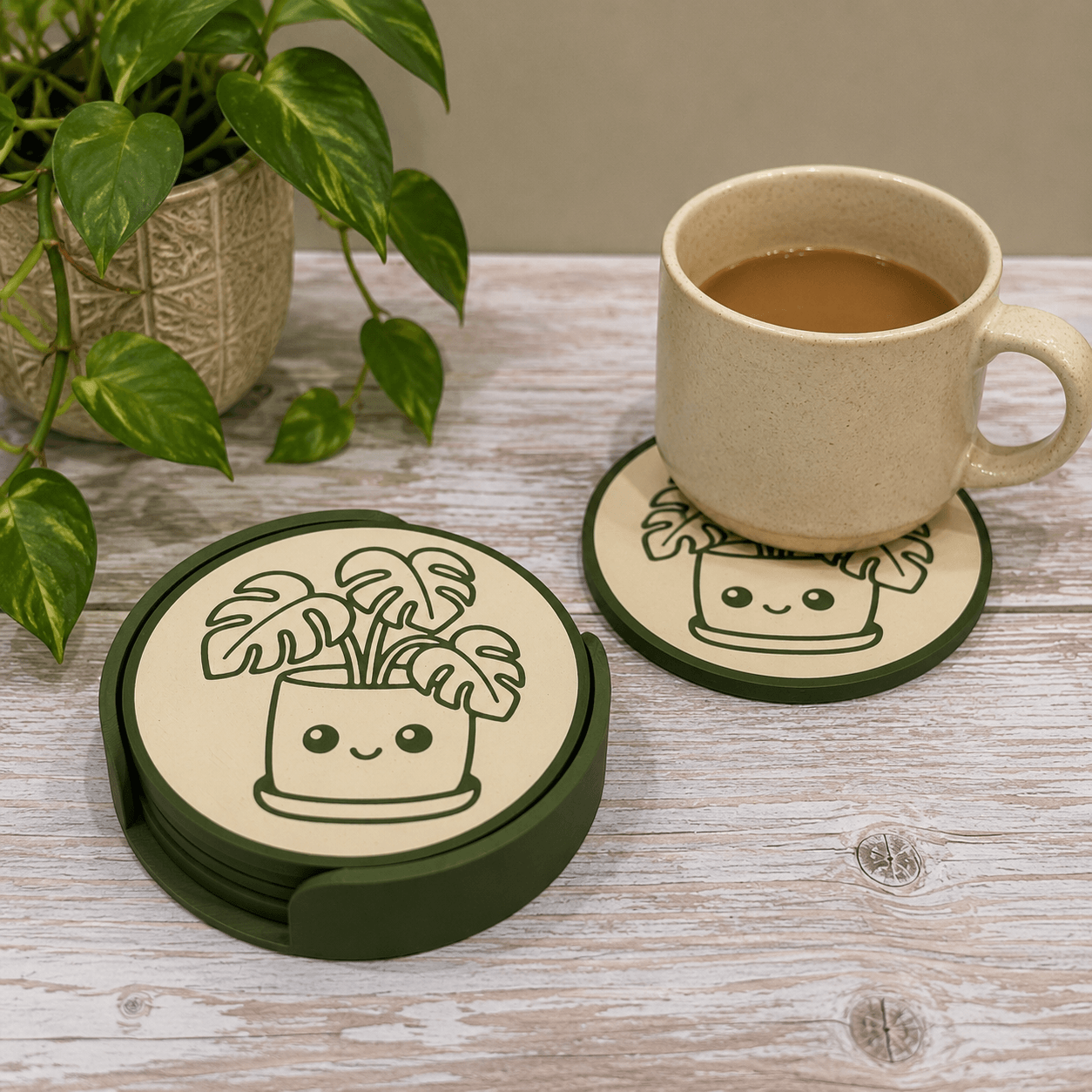 Whimlings plant coaster in use with a coffee mug beside the matching coaster holder