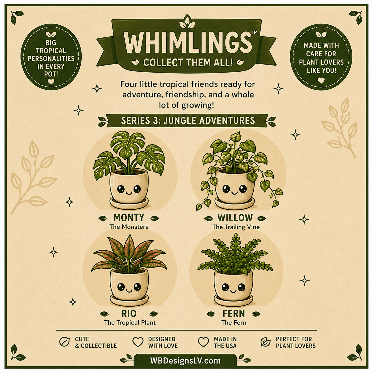 Whimlings Jungle Adventures collection featuring Monty, Willow, Rio, and Fern