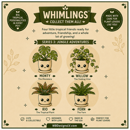 Whimlings Jungle Adventures collection featuring Monty, Willow, Rio, and Fern