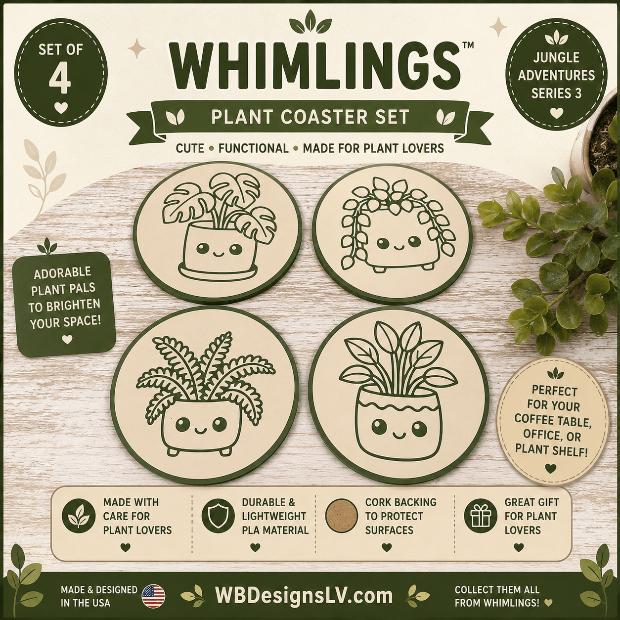 Whimlings Jungle Adventures plant coaster set with four tropical houseplant coasters and matching holder