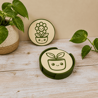 Whimlings Little Sprouts cork-backed coasters stored in matching green holder