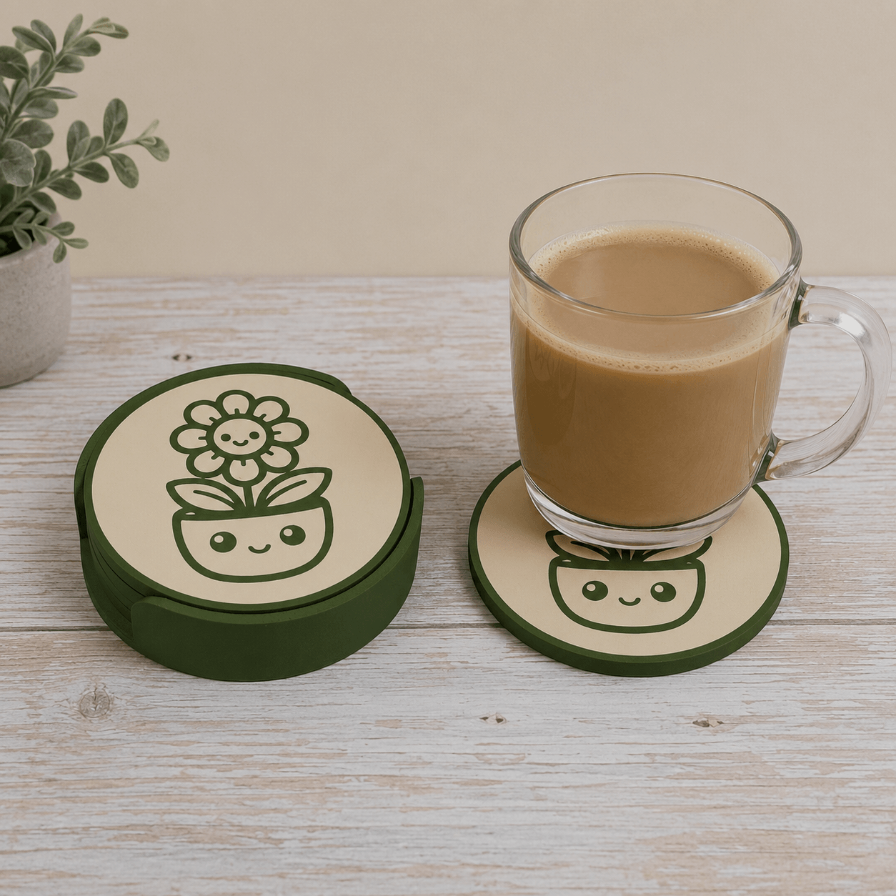Little Sprouts plant coaster set displayed with a beverage and houseplant