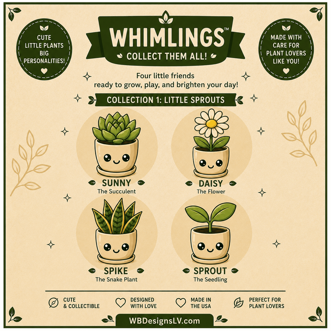 Little Sprouts Whimlings collection featuring Sunny, Daisy, Spike, and Sprout